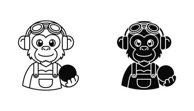 Line art and solid black cartoon illustration of a steampunk monkey wearing goggles and holding a ball