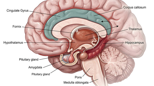 Sagittal illustration of the human limbic system and hypothalamic&ndash;pituitary axis showing cingulate gyrus, corpus callosum, fornix, thalamus, hypothalamus, hippocampus, pituitary gland, amygdala, pons 