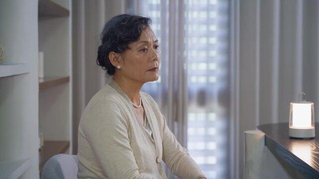 Elderly woman sitting in chair looking at the window closed with curtain for thinking or nostalgia alone at home. Retirement, dementia, oldness, disability, nursing home concept