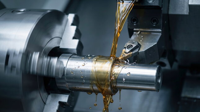 CNC machine performing metal turning operation on steel workpiece with cutting oil, industrial manufacturing concept.