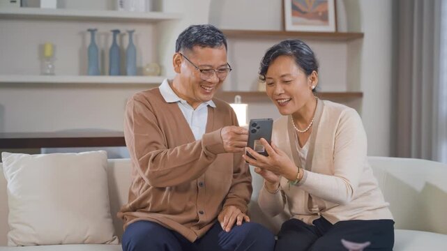 Happy elderly couple wife husband make a video call conference using smart phone sit on sofa at home. Old man woman holding smartphone have funny conversation with friends, relatives or grandchildren