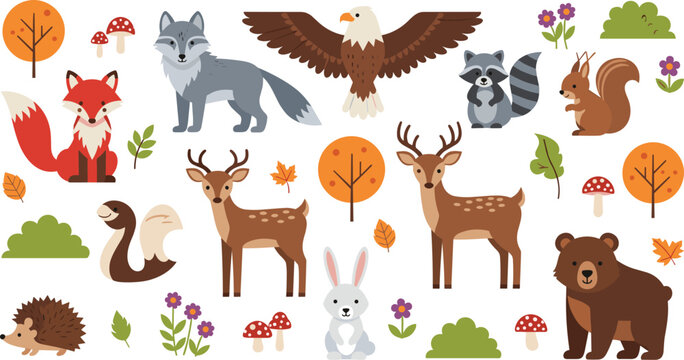 Set of Flat Forest Animals and Autumn Nature Elements Featuring Fox Wolf Eagle and Deer Isolated on White