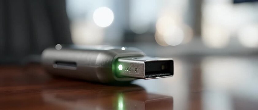 Silver USB Flash Drive with Green LED Light Blinking on Wood Desk