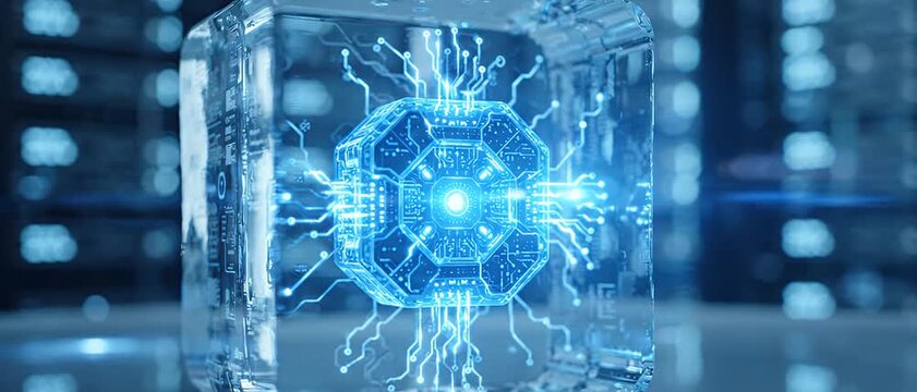 Futuristic CPU Core Encased in Ice Block Within Modern Server Room