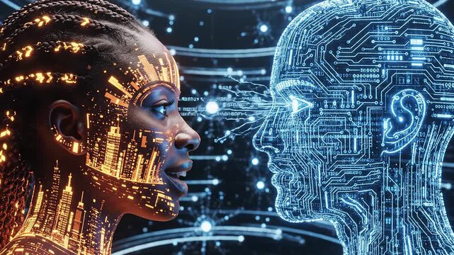 Human and AI face to face highlighting artificial intelligence and digital evolution