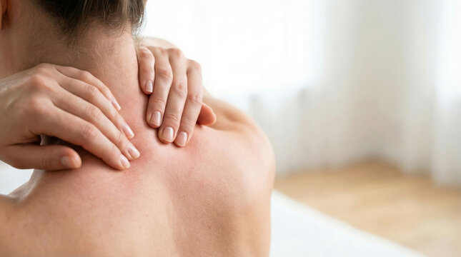 Woman massaging stiff neck after waking up in the morning. Person feeling muscle pain and tension due to poor posture or fatigue. Health care and recovery from sleeping discomfort.