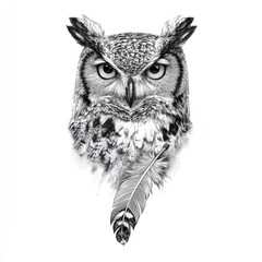 Obraz premium Detailed black and white ink drawing of an owl head with a single feather, artistic owl portrait for tattoos, t-shirt prints, wildlife logos, and gothic or nature-inspired graphic design.