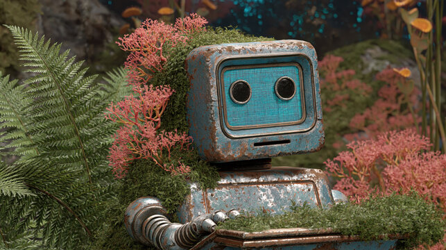 Retro Boxy Robot Stands Peacefully Among Lush Ferns and Pink Wildflowers