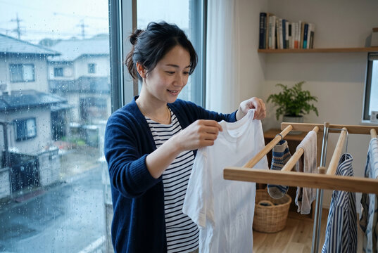 雨の日に室内で洗濯物を干す笑顔の日本人女性 部屋干し 家事 ライフスタイル Generative AI