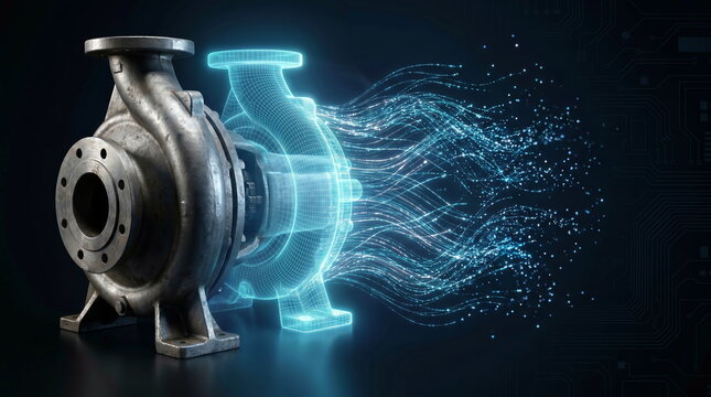 Industrial pump transforming into digital wireframe with data streams on dark circuit board background for engineering simulation and IoT.