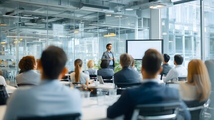 Wide angle shot of diverse corporate team in a modern office meeting, one person presenting while others listen and take notes, bright airy environment with neutral tones, polished professional