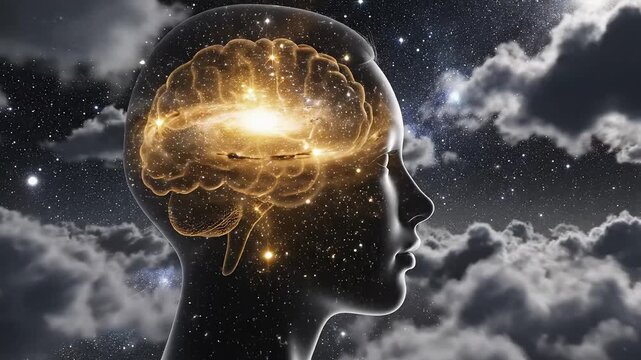Human head with glowing brain against starry sky highlighting environmental conservation and serenity