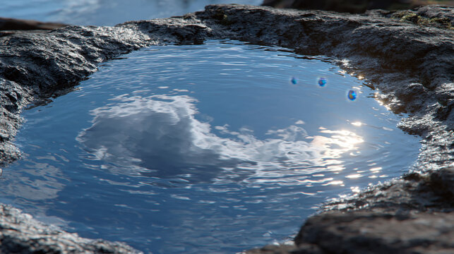 Bright sky reflection shimmering in a wide coastal tidepool between dark rocks