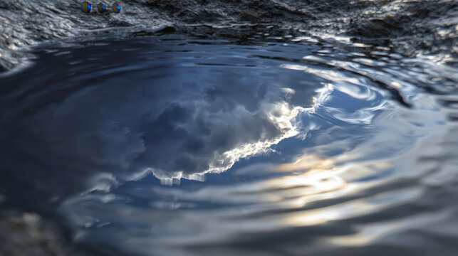 Dramatic tidepool with glowing ripple rings radiating in dark wet rock setting