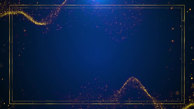 Blue gold glitter frame background sparkling wave particles, thin border, copy space. Perfect for wedding videos, luxury titles, festive intros, award screens, event promos, elegant motion graphics.