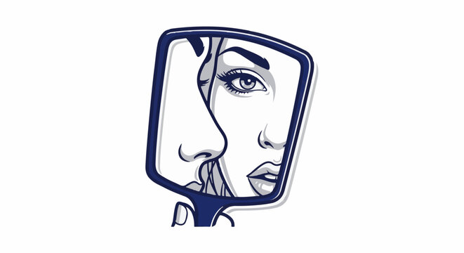 Stylized illustration of a woman's face reflected in a hand mirror, with a blue border