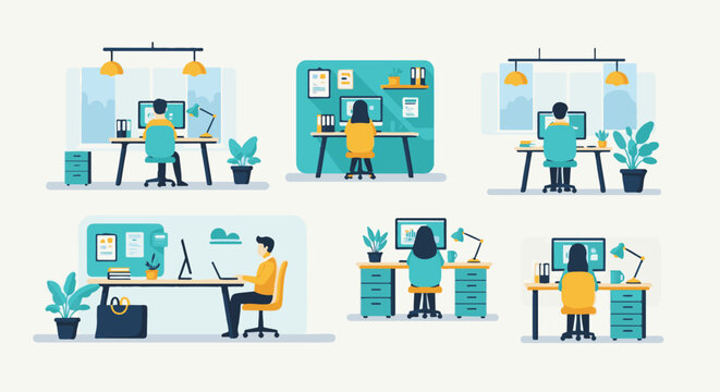 Six vignettes depict individuals working at desks with computers in clean, modern office settings