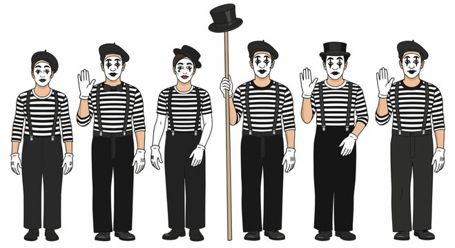 Group of Mimes Performing Together, Wearing Classic Black and White Outfits