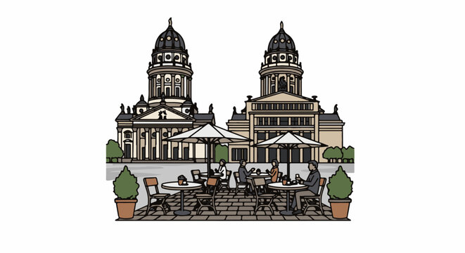 People enjoy coffee outside a grand historic building with two domes