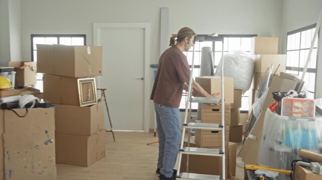 Man with arms crossed beside stacked cardboard boxes and tools in a building, looking upward; renovation planning contemplative.