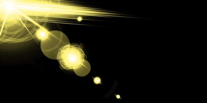 Vector golden sun light effect. Glowing sunrays on black background. Stock royalty free vector