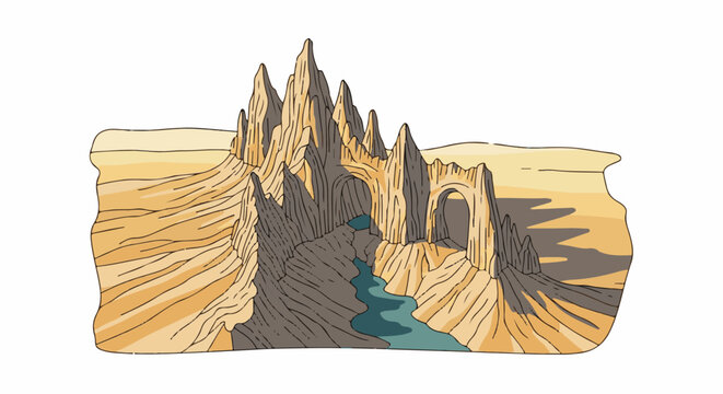 Jagged, sun-baked rock formations with archways and a winding river
