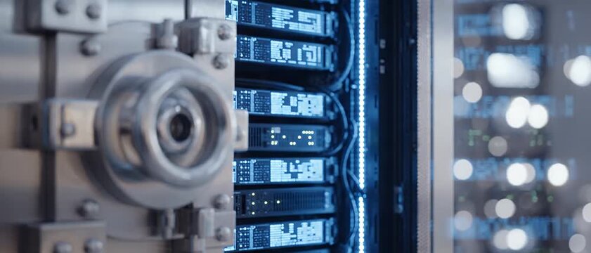 Secure Bank Vault Door Opening to High Tech Data Server Room Rack