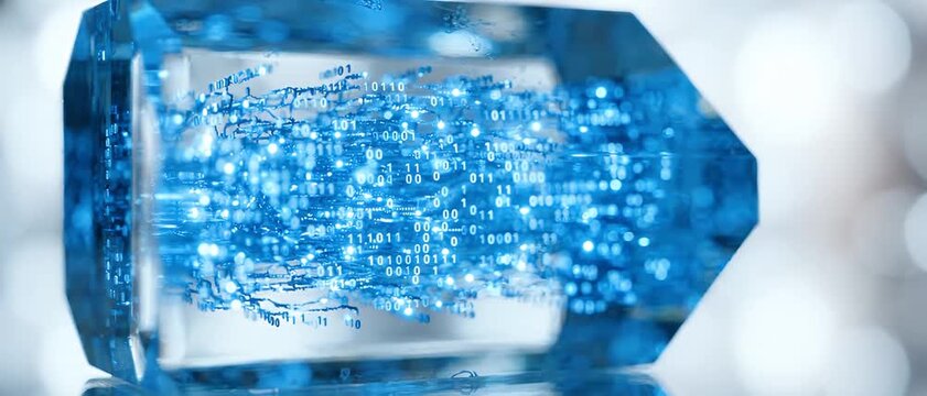 Futuristic Blue Crystal with Glowing Digital Binary Data and Neural Net