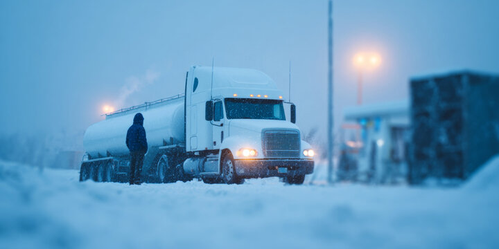 Truck driver standing near tanker truck snow