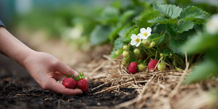 Hand Picking Fresh Strawberries in Garden