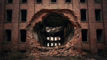 Fototapeta premium Abandoned Building with Crumbling Walls and Ominous Atmosphere Captured in Dark View of Urban Decay and Neglect