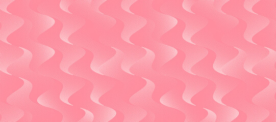Fototapeta premium Soft feminine vector abstract wide panoramic background pink colour with halftone dots and grainy texture. Tender zen-like cosmetic mood, pale petal gradients, smooth flowing forms for elegant layouts