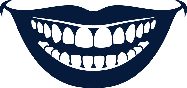 Dark blue open mouth with sharp teeth graphic design element on transparent background.