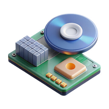 Computer circuit board with cd rom drive and microchip components, technology concept, digital data storage and processing isolated on transparent background