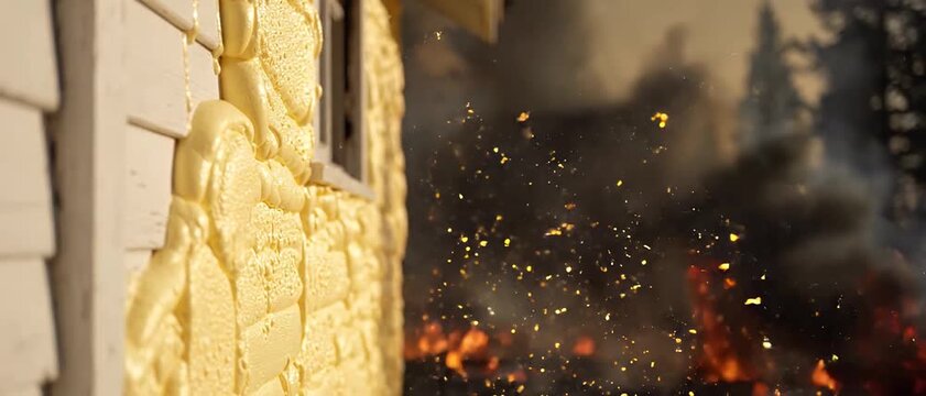 A building protected by yellow fire retardant foam stands against a backdrop of a raging wildfire with smoke and flying embers.