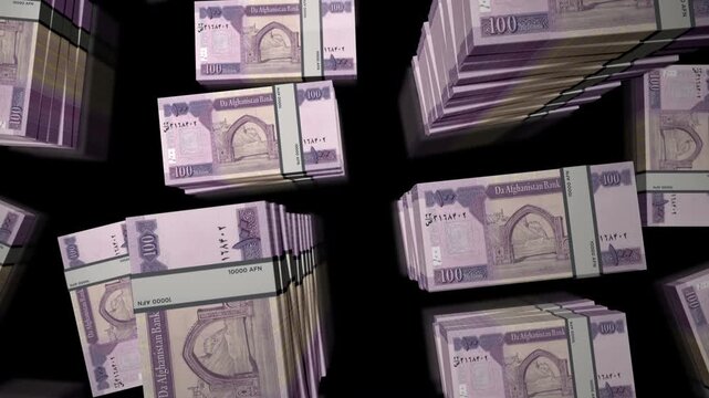 Afghanistan Afghani Afghan money notes packs loop. 3D flight over 100 AFN banknotes stacks towers. Loopable seamless abstract background concept of business, economy crisis and finance.