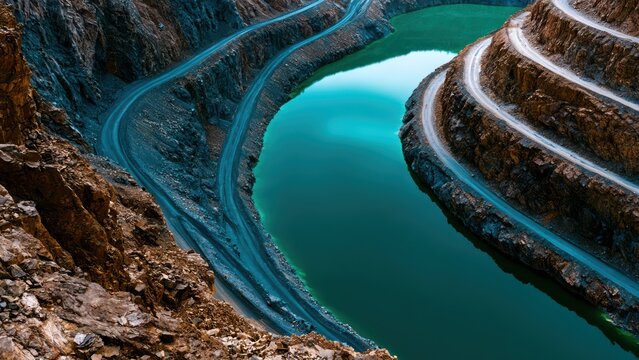 Striking aerial shot of an enormous quarry pit with winding access roads and a vivid turquoise pool.