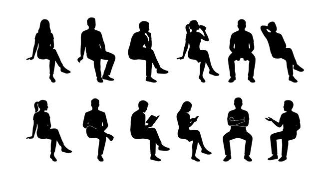 Collection of Sitting People Silhouettes - Diverse Poses and Activities for Graphic Design and ArchViz