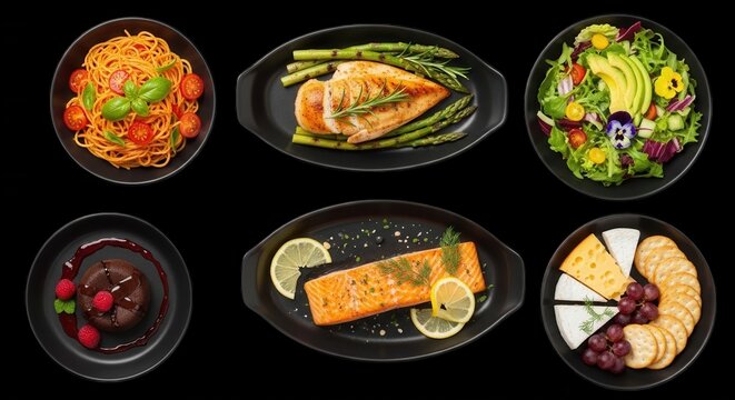 View of six black plates featuring spaghetti, grilled chicken with asparagus, fresh salad, chocolate lava cake, salmon fillet, and cheese platter