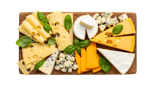 Assorted gourmet cheese board with various types of cheese and fresh green basil leaves isolated on transparent background