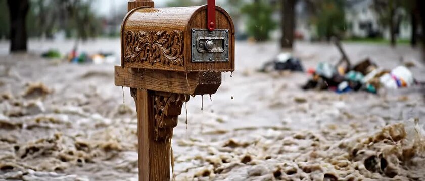 Wooden Mailbox Surviving Severe Flash Flood in Residential Area