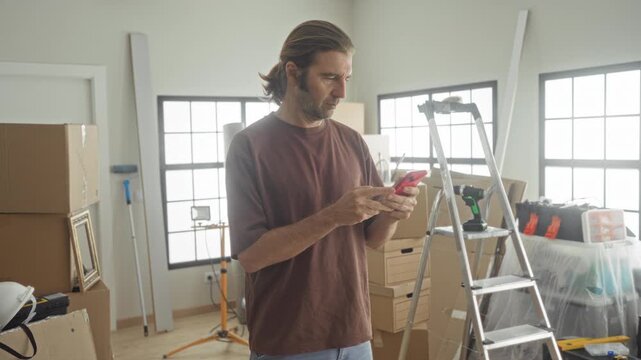 Man holding smartphone, arm raised taking a selfie amid packed boxes and ladder in a building under renovation; optimism relocation beginning.
