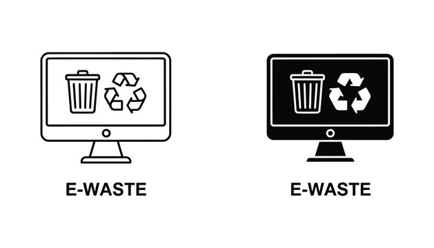 E-waste recycling icon set featuring computer monitor with trash bin and recycle symbol in clean line and solid black vector style for environmental and technology waste management