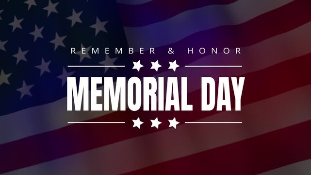 Memorial Day video background featuring bold white typography with Memorial Day text with Remember and Honor message over a softly waving American flag.