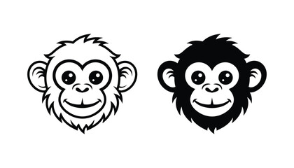 Cute monkey head mascot icon set in outline and solid black style for children educational branding and animal theme design projects © John