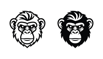 Chimpanzee or monkey head mascot logo in outline and solid black style for sports team branding vector illustration © John