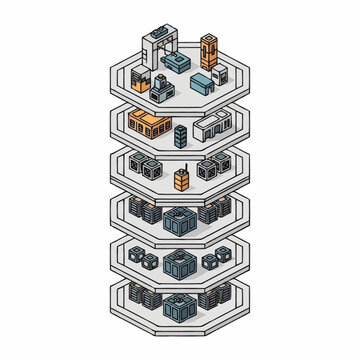 Isometric illustration of a futuristic hexagonal shelf with various objects.