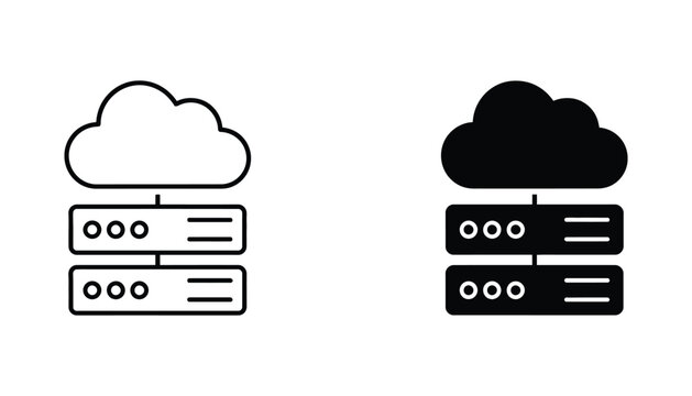 Cloud server network icon set in black and white line art and solid style for data storage and technology infrastructure concepts