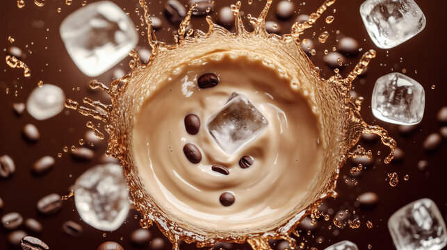 Iced coffee drink with ice cubes and coffee beans splashing in liquid.