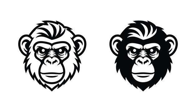 Chimpanzee or monkey head mascot logo in outline and solid black style for sports team branding vector illustration
